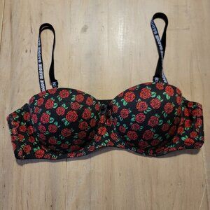 Always A Flirt Push Up Underwire Bra Black Red Roses 36B‎ BADDIE